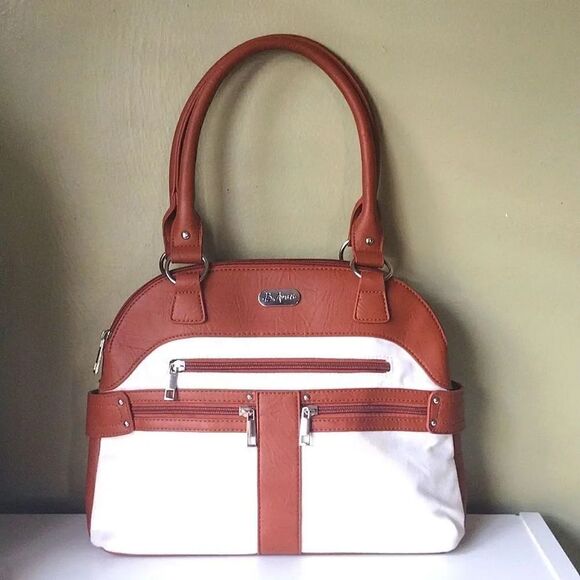 B Amici Amelia White Canvas & Tan Trimming Satchel Shoulder Bag - Picture 1 of 16